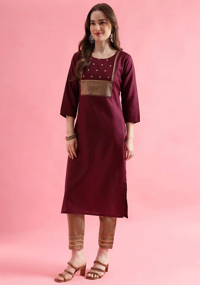 Maroon Embroidery Cotton Kurta Set - Indya