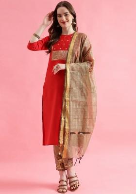 Red Embroidery Cotton Kurta Set
