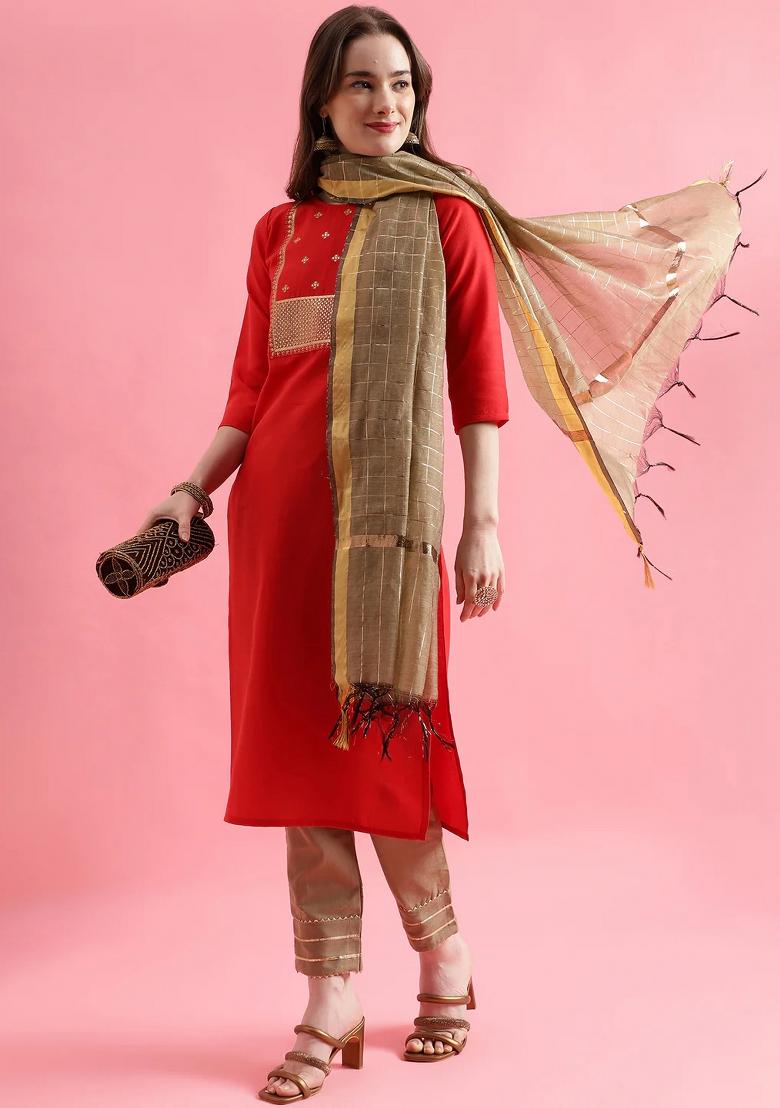 Red Embroidery Cotton Kurta Set - Indya