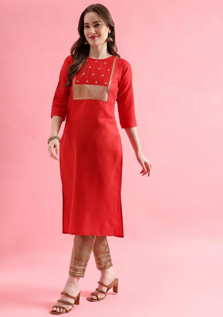 Red Embroidery Cotton Kurta Set - Indya