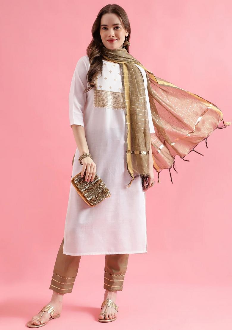 White Embroidery Cotton Kurta Set - Indya