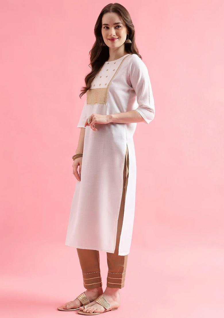 White Embroidery Cotton Kurta Set - Indya