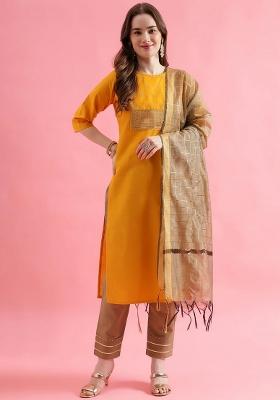 Yellow Embroidery Cotton Kurta Set