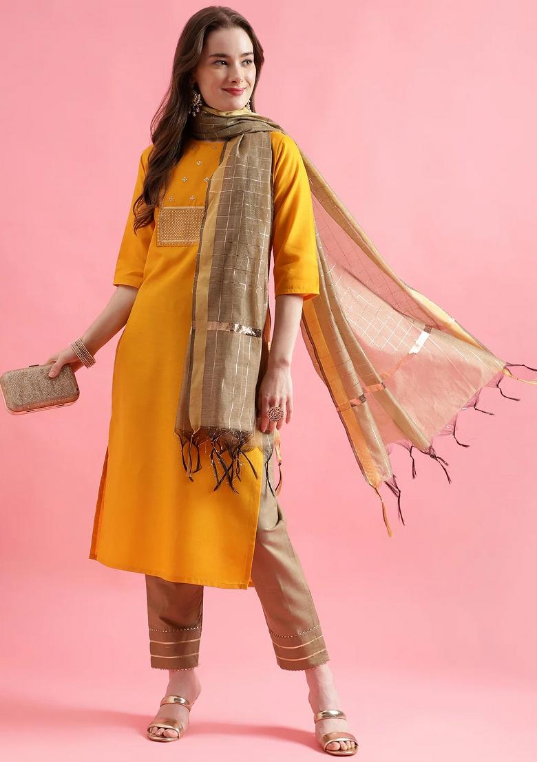 Yellow Embroidery Cotton Kurta Set - Indya