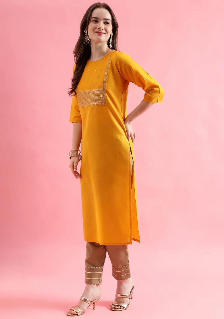 Yellow Embroidery Cotton Kurta Set - Indya