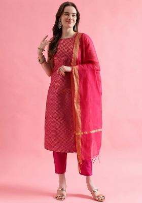 Rani Pink Embroidery Silk Kurta Set