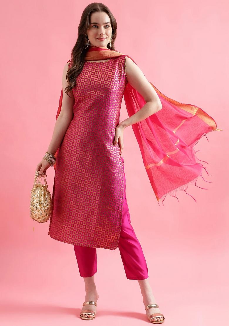 Rani Pink Embroidery Silk Kurta Set - Indya