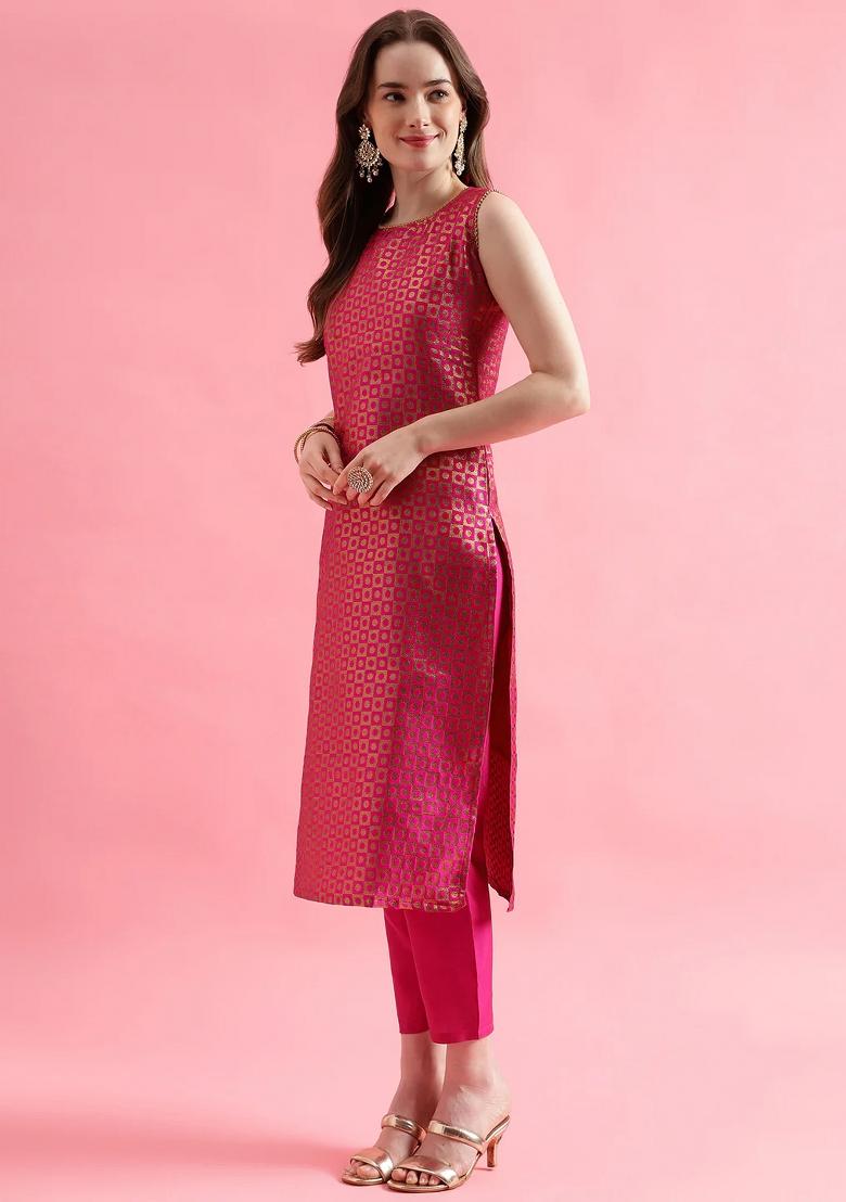 Rani Pink Embroidery Silk Kurta Set - Indya