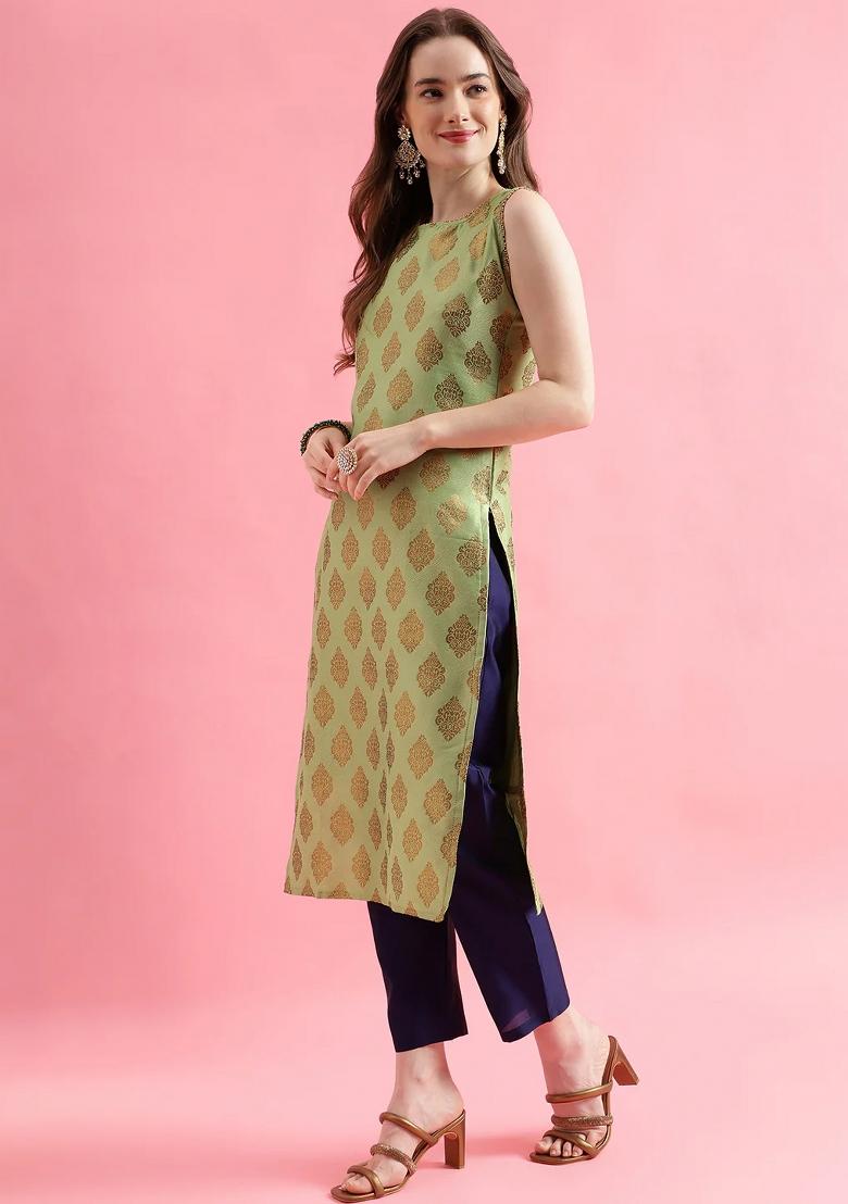 Pista Embroidery Silk Kurta Set - Indya