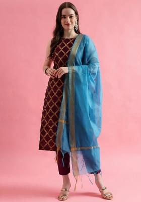 Maroon Embroidery Silk Kurta Set