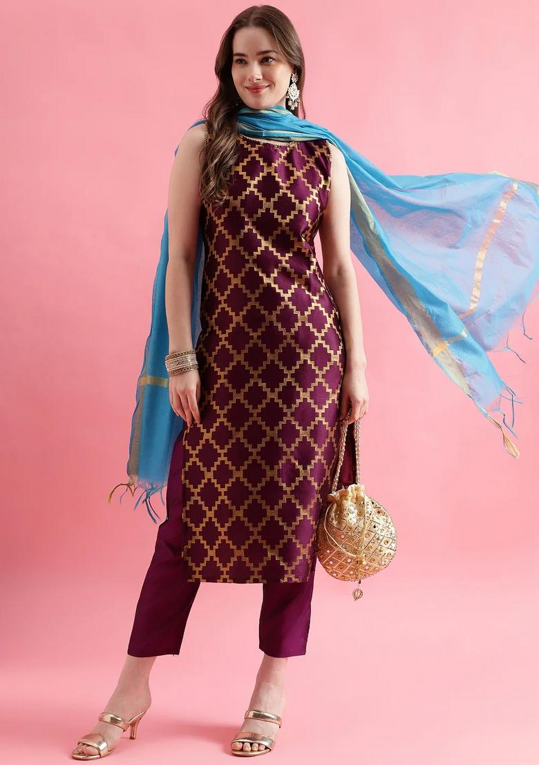 Maroon Embroidery Silk Kurta Set - Indya