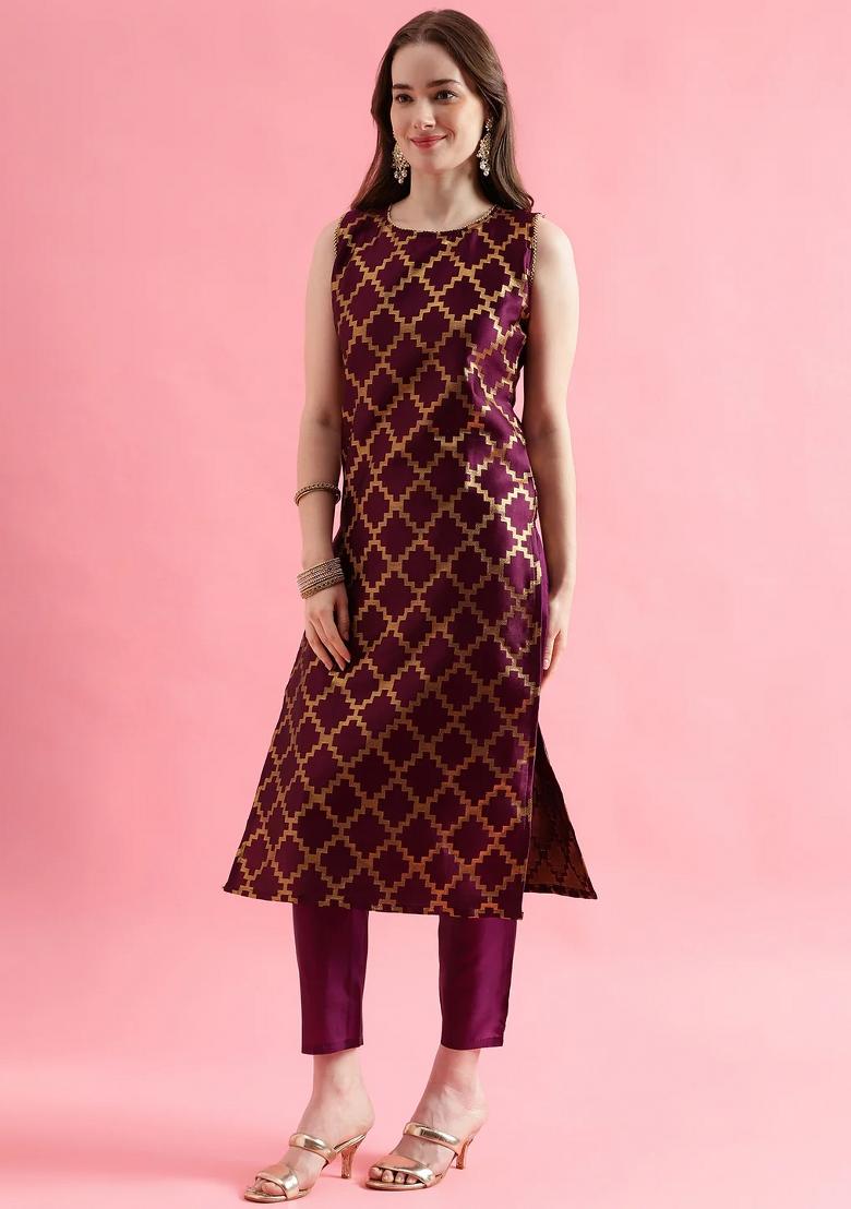 Maroon Embroidery Silk Kurta Set - Indya