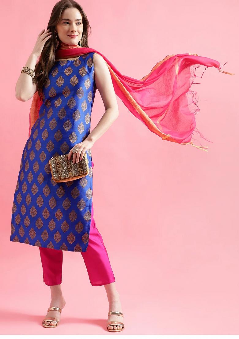 Blue Embroidery Silk Kurta Set - Indya