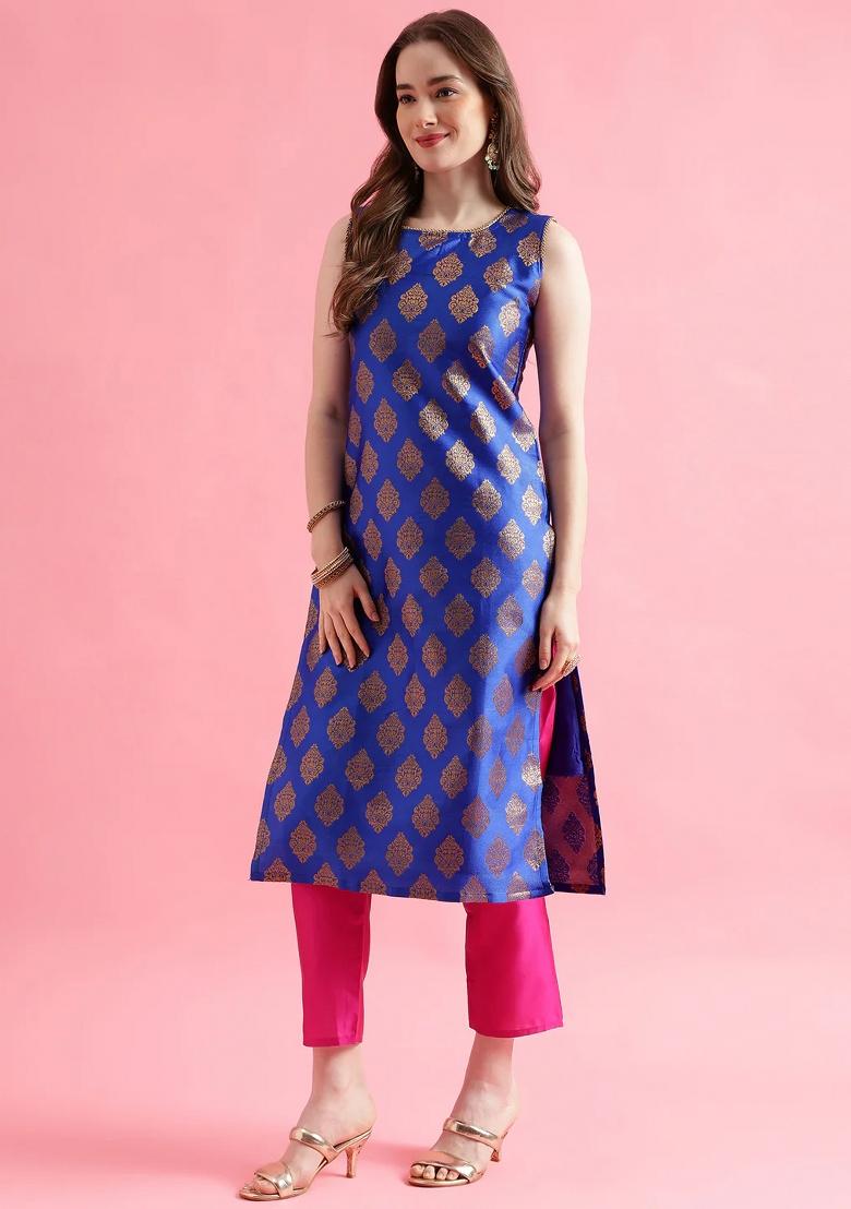 Blue Embroidery Silk Kurta Set - Indya