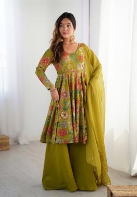 Green Printed Silk Kurta Set