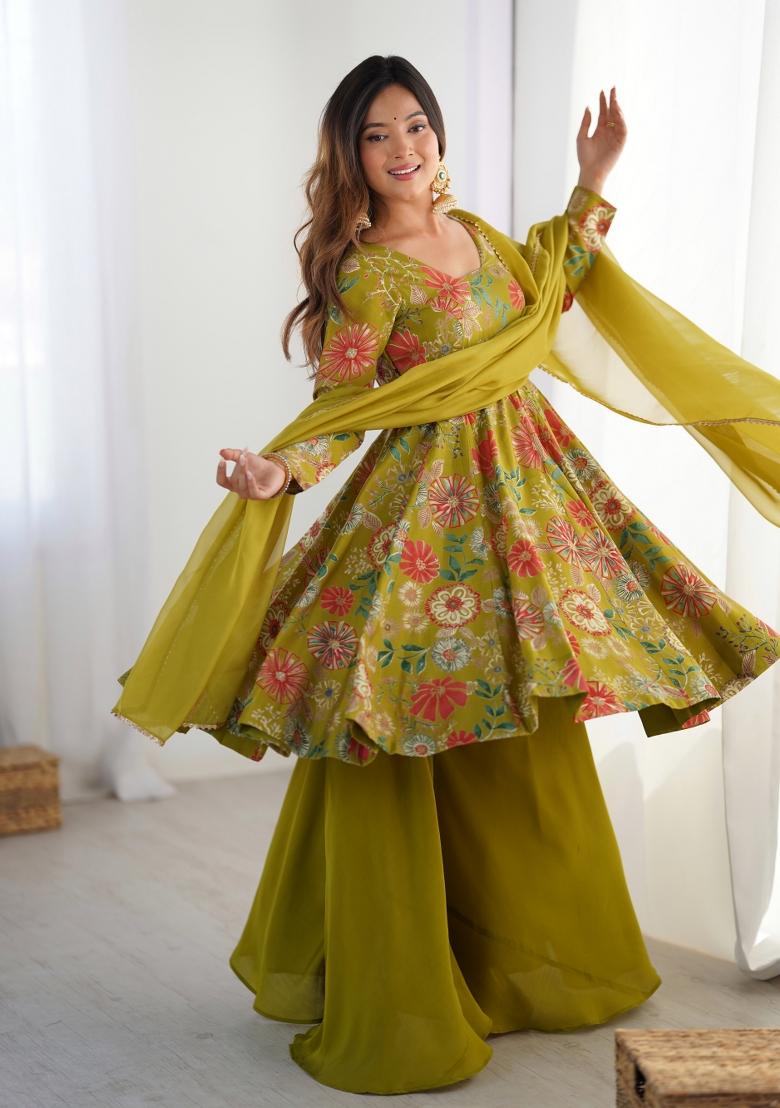 Green Printed Silk Kurta Set - Indya