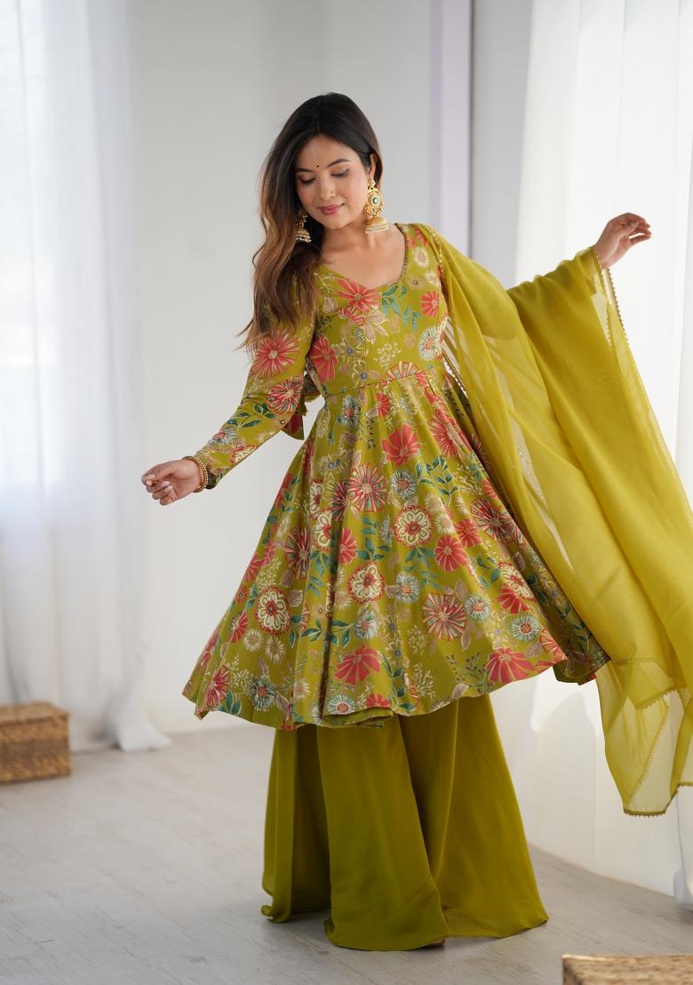 Green Printed Silk Kurta Set - Indya
