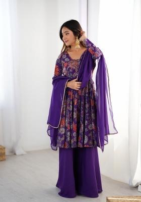 Purple Printed Silk Kurta Set