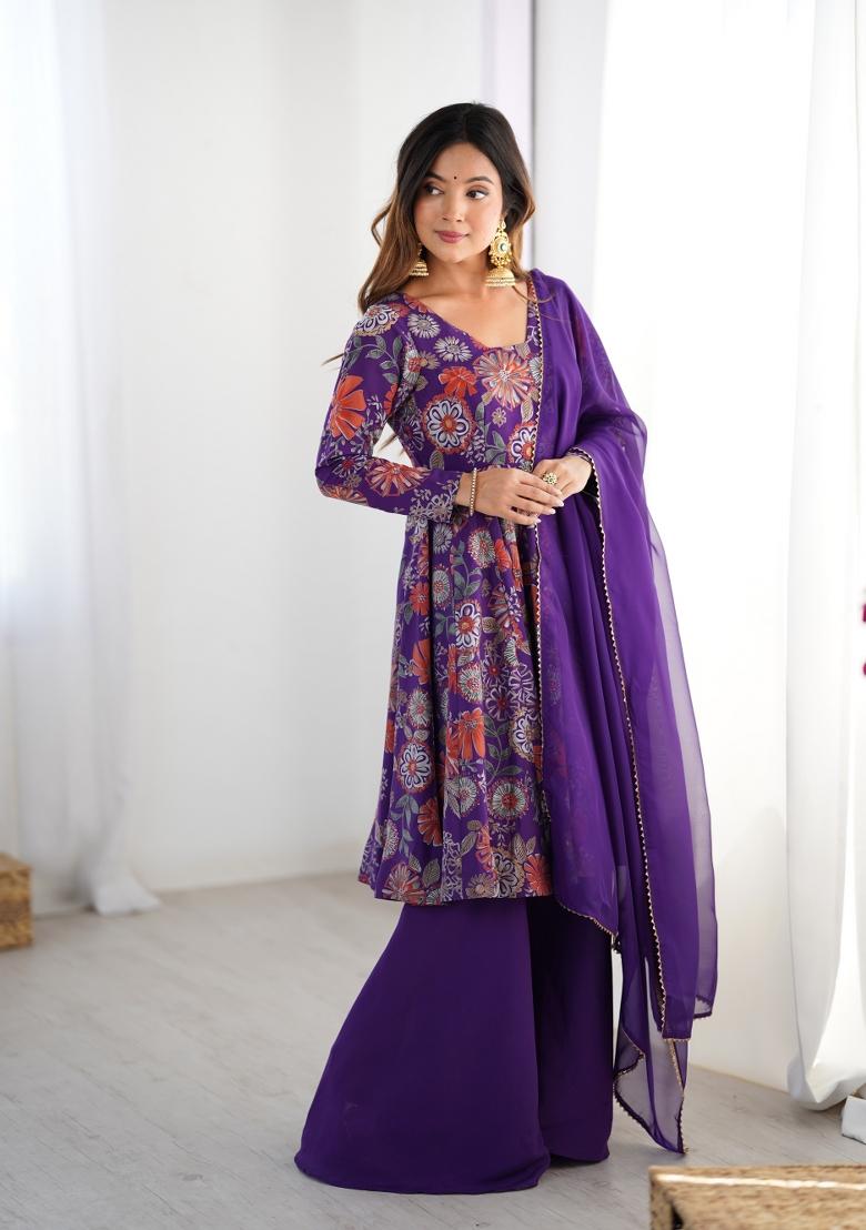 Purple Printed Silk Kurta Set - Indya