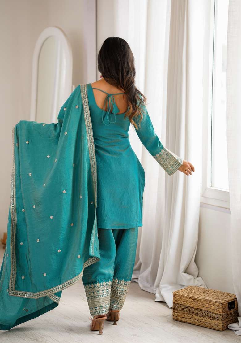 Blue Sequin Work Silk Kurta Set - Indya