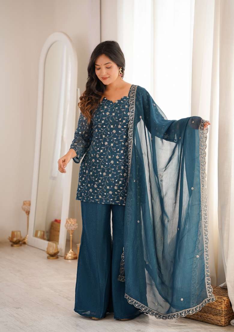 Teal Sequin Work Silk Kurta Set - Indya