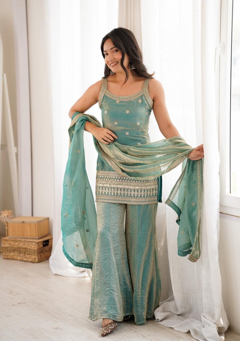 Sea Green Sequin Work Silk Kurta Set - Indya