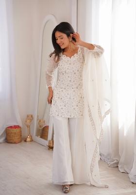 Off White Sequin Work Silk Kurta Set