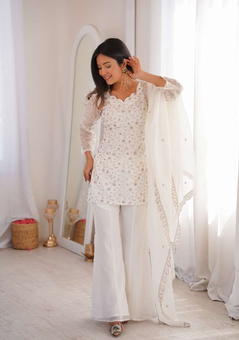 Off White Sequin Work Silk Kurta Set - Indya