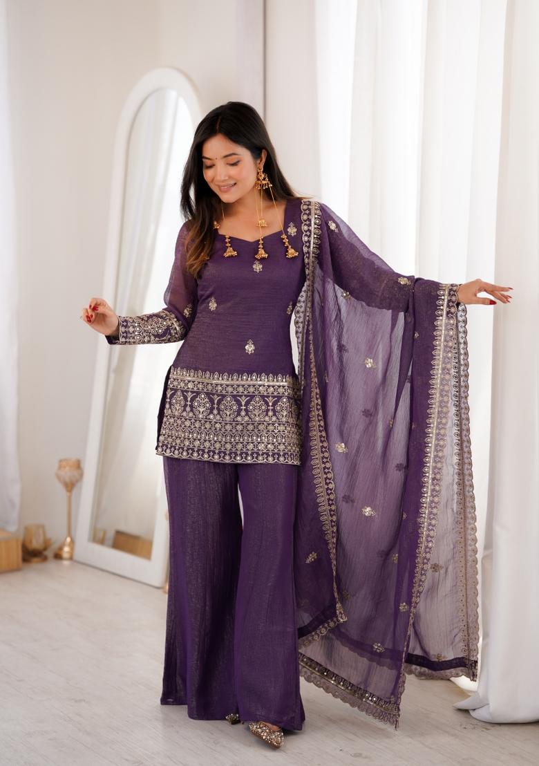 Wine Sequin Work Silk Kurta Set - Indya