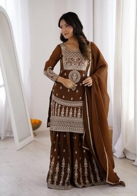 Brown Embroidery Silk Kurta Set