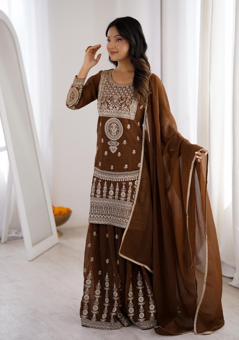 Brown Embroidery Silk Kurta Set - Indya