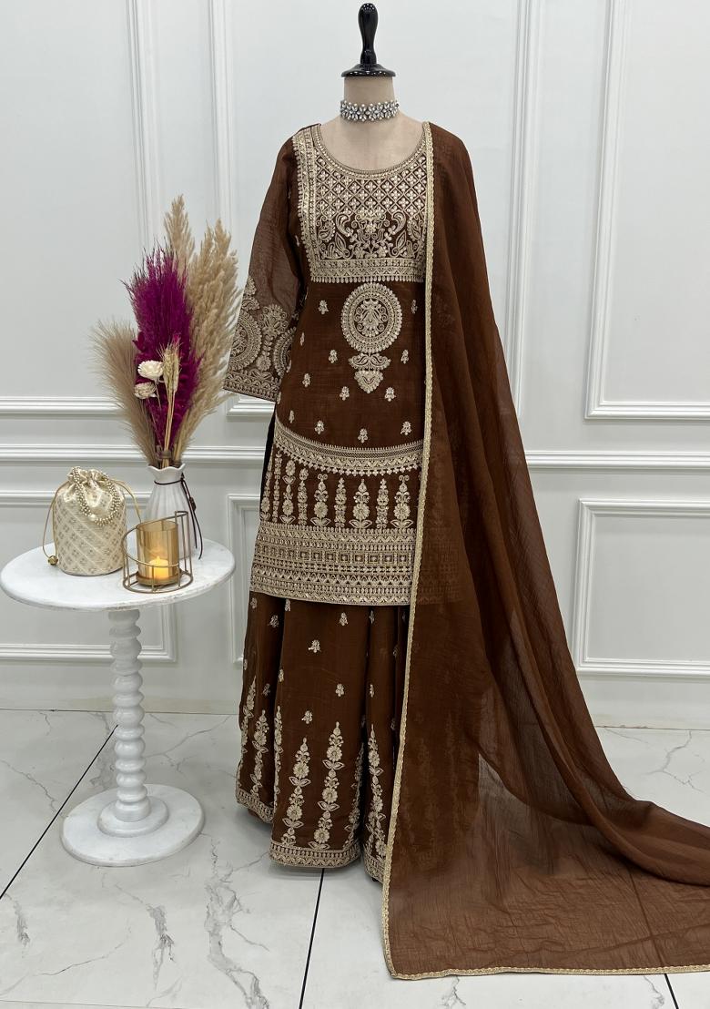 Brown Embroidery Silk Kurta Set - Indya