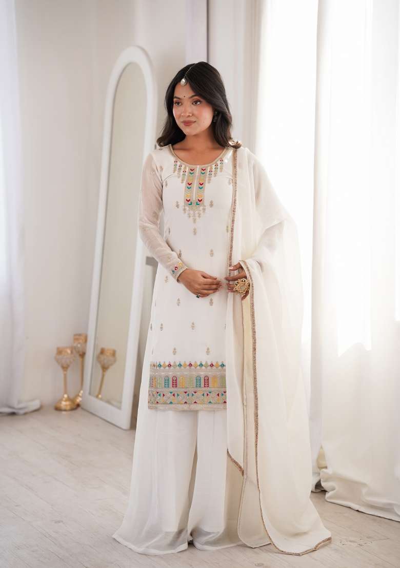 Off White Sequin Work Silk Kurta Set - Indya