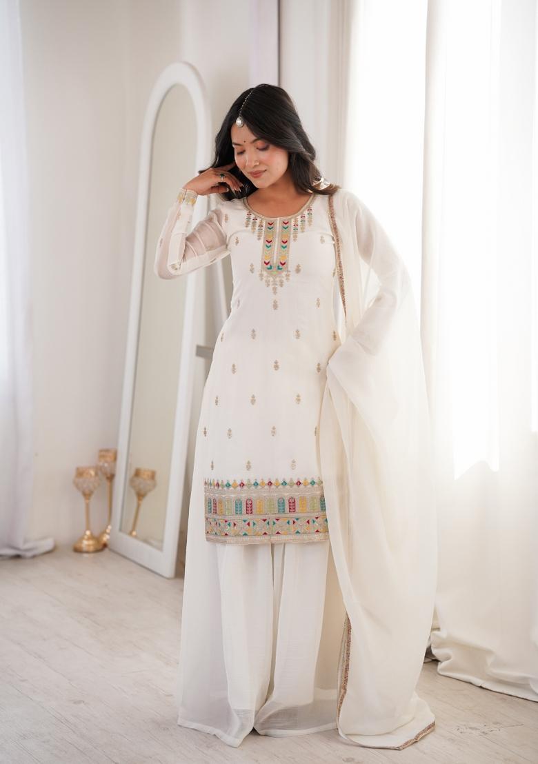 Off White Sequin Work Silk Kurta Set - Indya