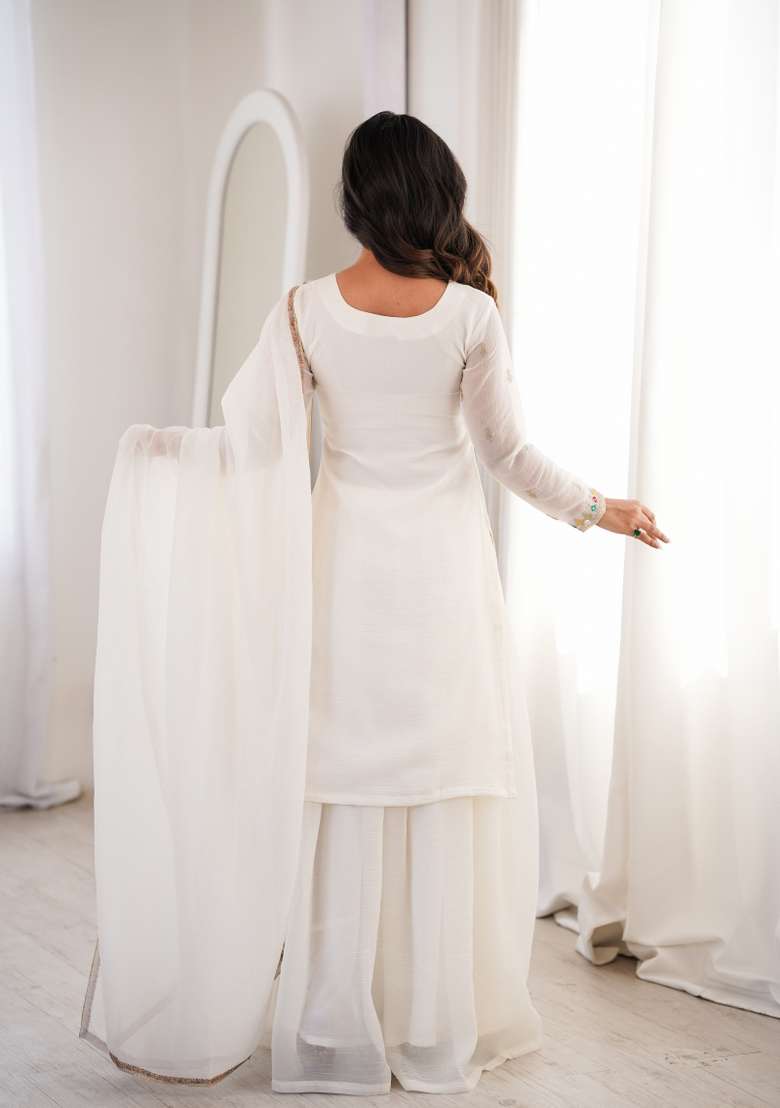 Off White Sequin Work Silk Kurta Set - Indya