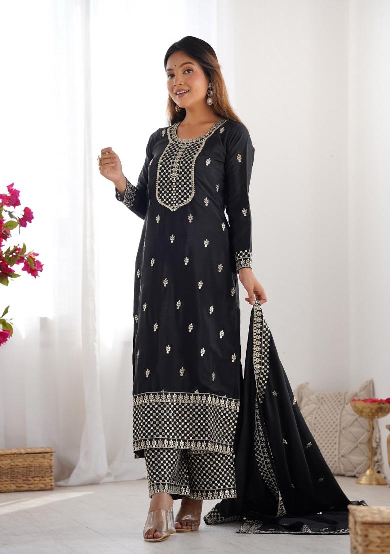 Black Sequin Work Silk Kurta Set - Indya