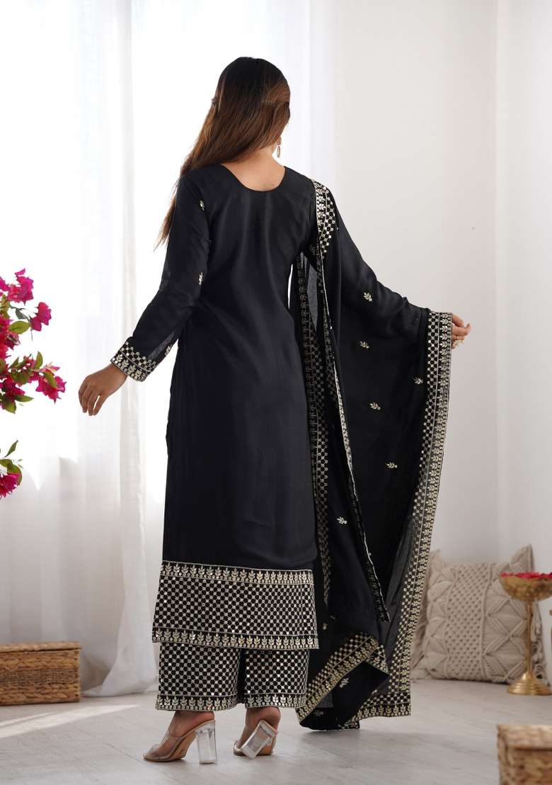Black Sequin Work Silk Kurta Set - Indya