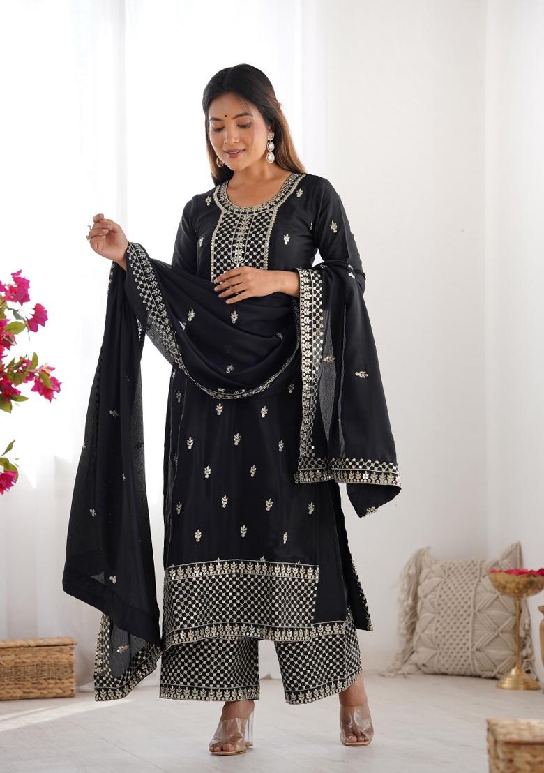 Black Sequin Work Silk Kurta Set - Indya