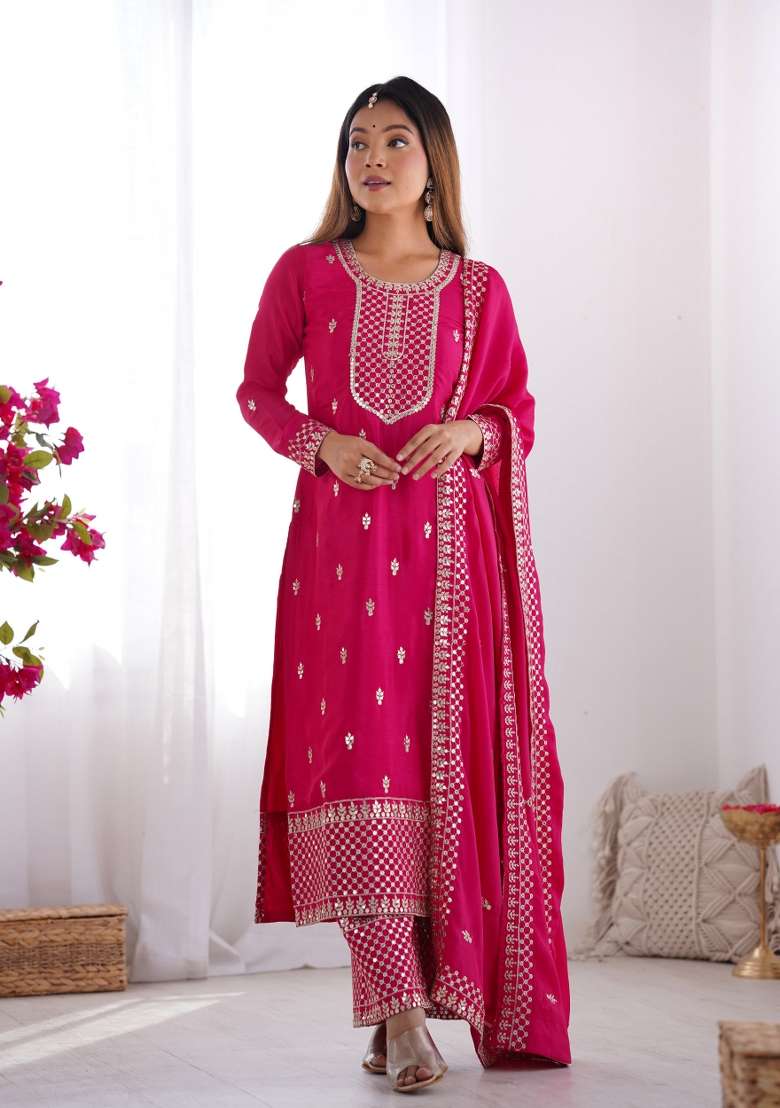 Pink Sequin Work Silk Kurta Set - Indya