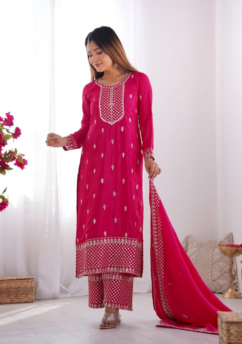Pink Sequin Work Silk Kurta Set - Indya