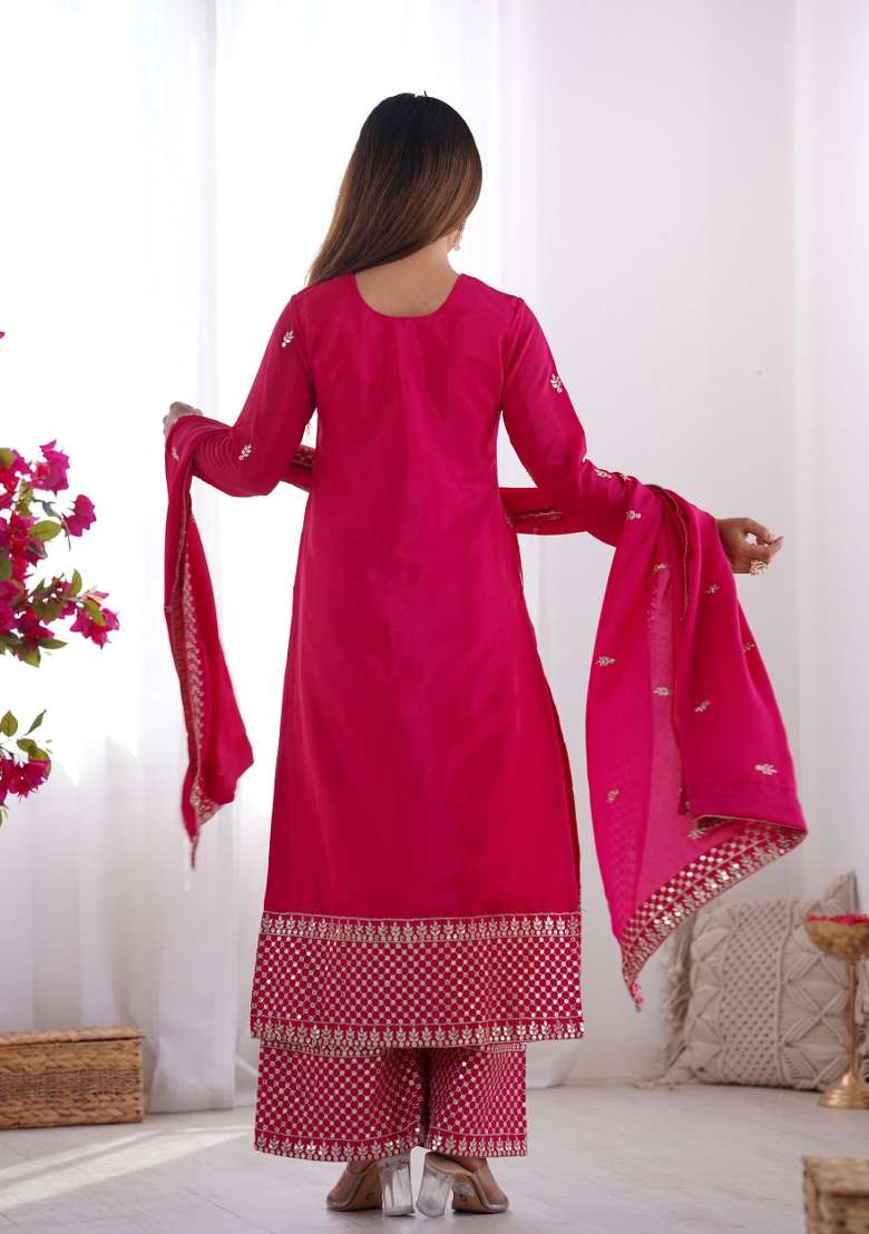 Pink Sequin Work Silk Kurta Set - Indya