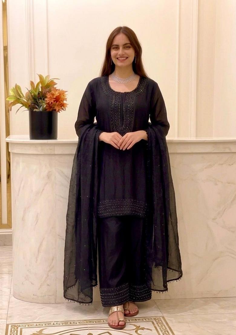 Black Embroidery Silk Kurta Set - Indya