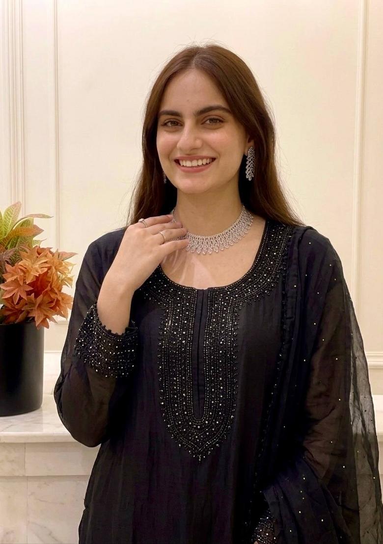 Black Embroidery Silk Kurta Set - Indya