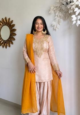 Beige Embroidery Satin Kurta Set