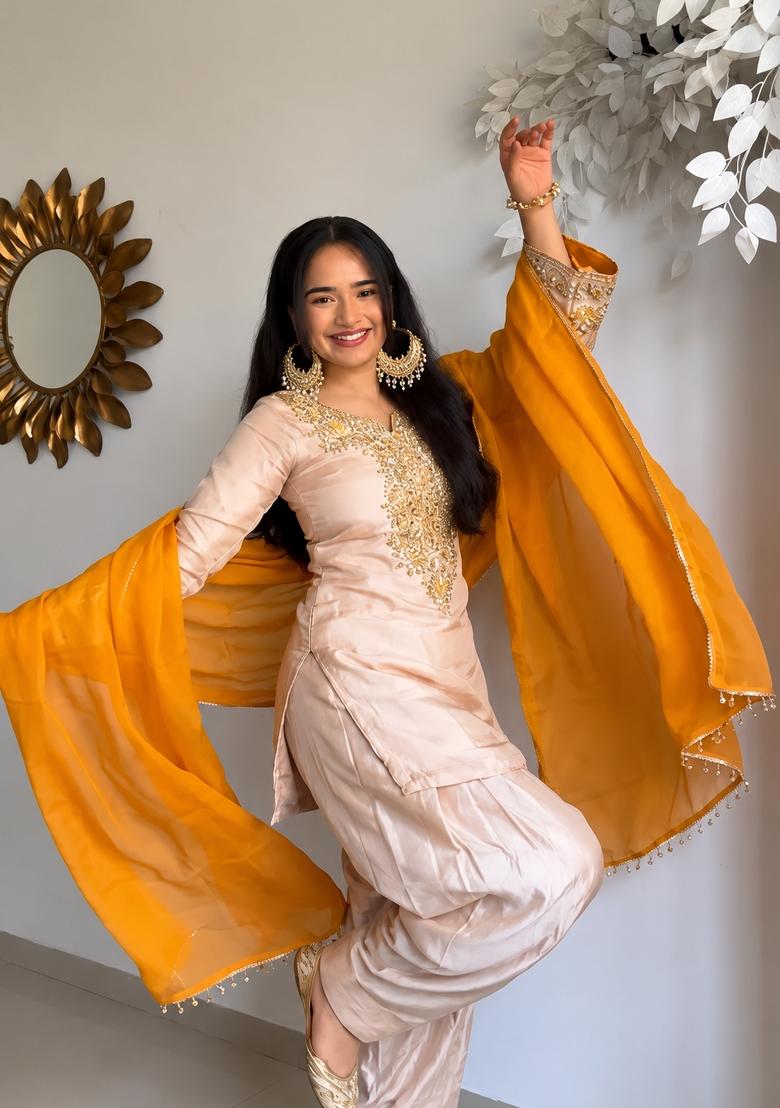Beige Embroidery Satin Kurta Set - Indya