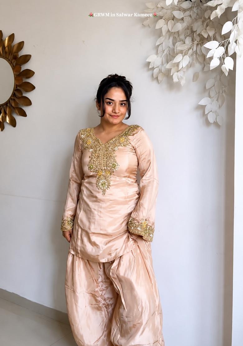Beige Embroidery Satin Kurta Set - Indya