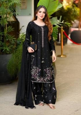 Black Embroidery Satin Kurta Set