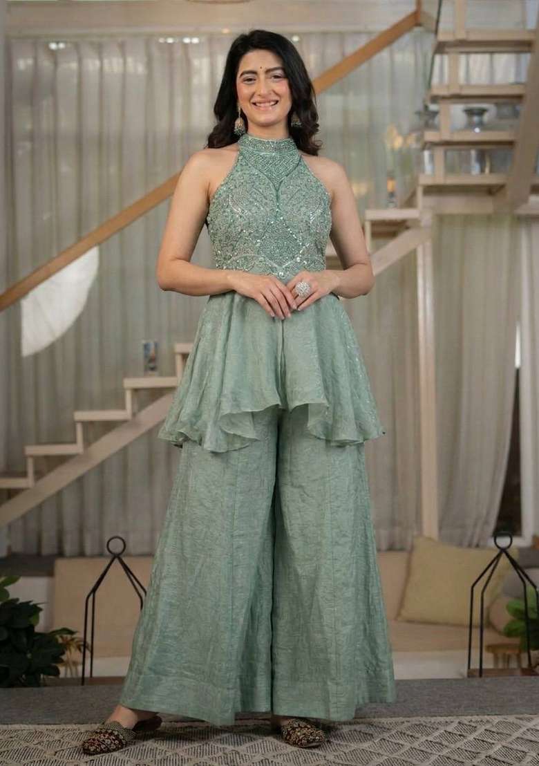 Grey Moti Work Silk Kurta Set - Indya