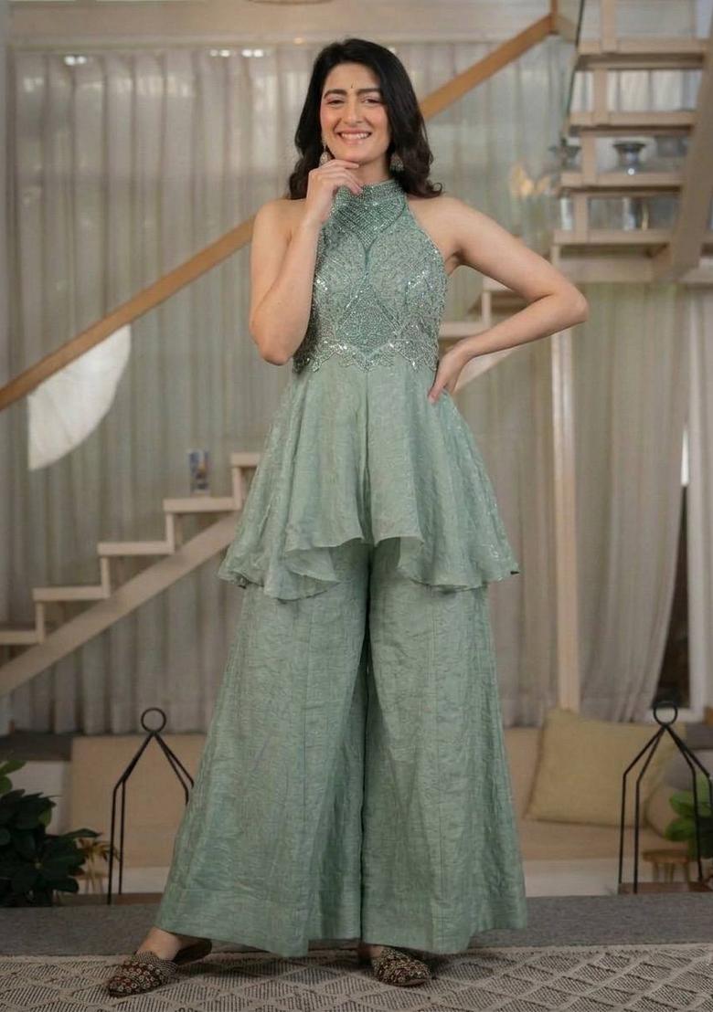 Grey Moti Work Silk Kurta Set - Indya