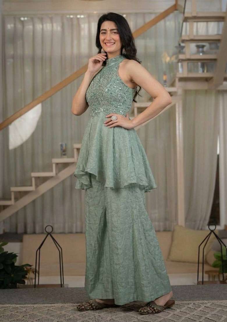 Grey Moti Work Silk Kurta Set - Indya
